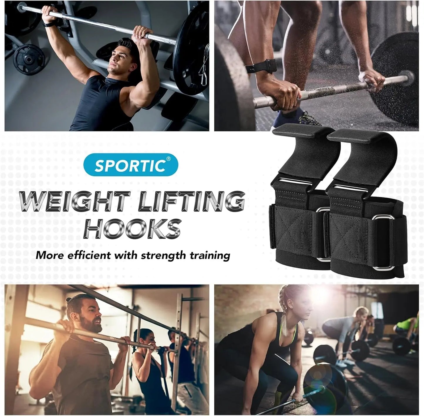 SPORTIC Lifting Hooks & Wrist Straps Set for Men & Women, 1000LB Capacity, Anti-Slip Grip for Powerlifting, Crossfit & Deadlifts