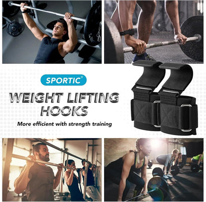 SPORTIC Lifting Hooks & Wrist Straps Set for Men & Women, 1000LB Capacity, Anti-Slip Grip for Powerlifting, Crossfit & Deadlifts
