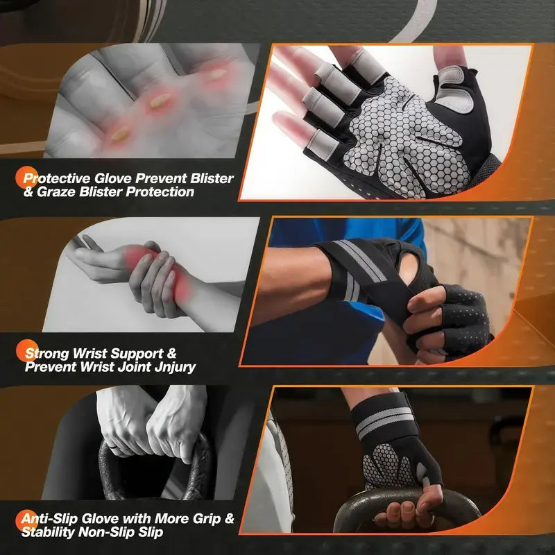 Breathable Workout Gloves for Men Women, Padded Weight Lifting Gloves with Wrist Wraps Support, Full Palm Protection, Grip for Gym Training, Fitness, Weightlifting, Exercise Fingerless V802N